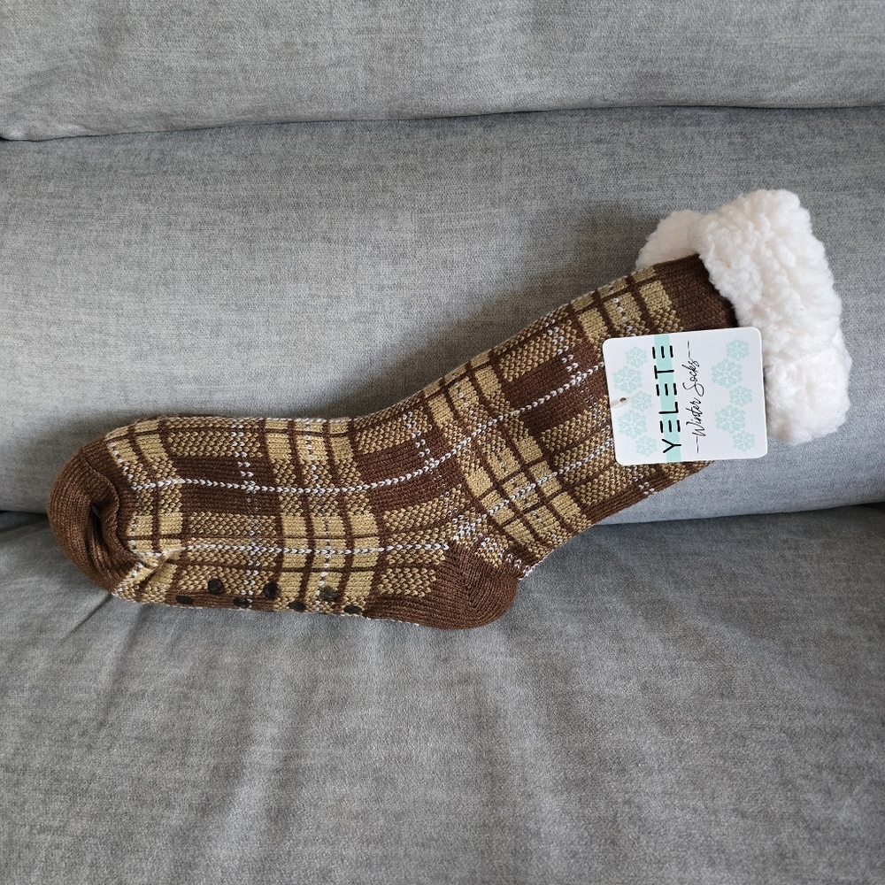Women's Brown Plaid Slipper Socks